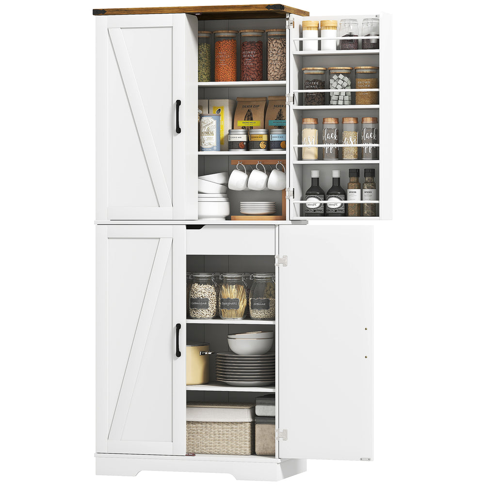 Armoire de cuisine 72 po, style campagnard, avec 4 portes, un tiroir, 8 étagères et une étagère réglable, blanche.