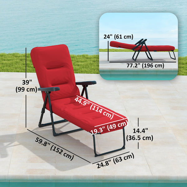 Chaise longue pliante avec coussin, dossier réglable avec repose-pieds, bordeaux