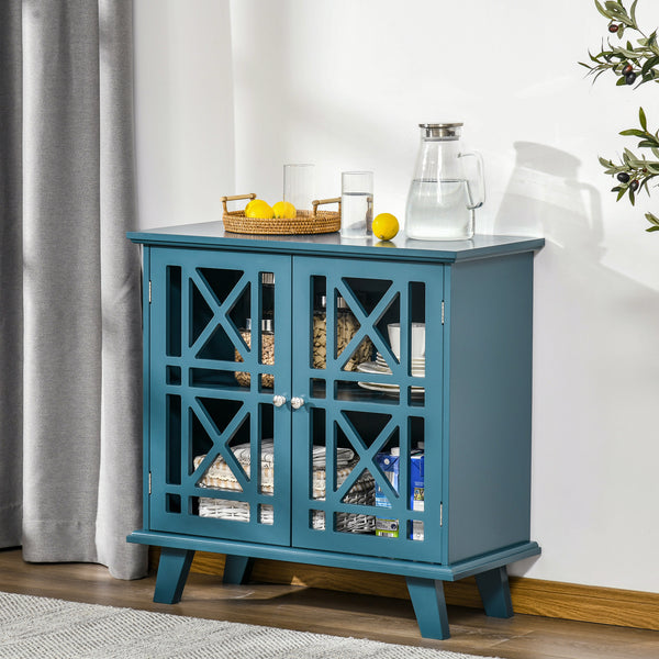 Buffet with openwork doors and shelf, modern freestanding storage unit, blue
