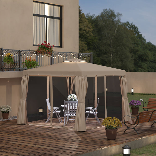 Gazebo 10 x 10 avec de jolis rideaux et des stores en maille, beige