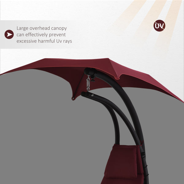 Outdoor Hammock Chair with Stand, Floating Chaise Lounge Chair with Soft Padded Cushion, Hanging Hammock Swing Reclining Seat with Canopy Umbrella, Wine Red