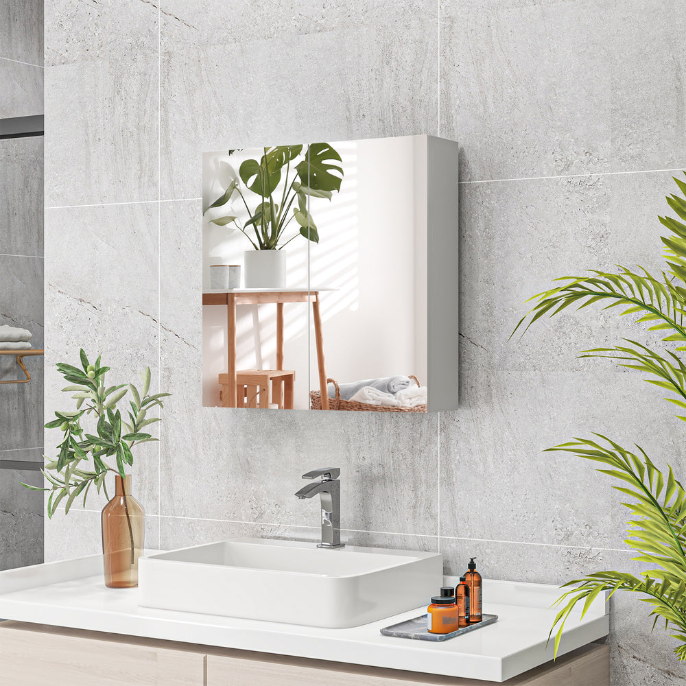 Armoire à pharmacie murale avec portes miroir, étagères réglables et mécanisme de fermeture amortie, blanc brillant