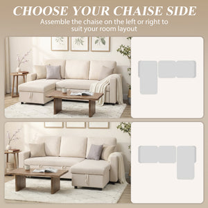83" Sofa Bed, Pull Out Sleeper L Shaped Sectional Couch with Reversible Storage Chaise, Wide and Deep Seat, Cream White
