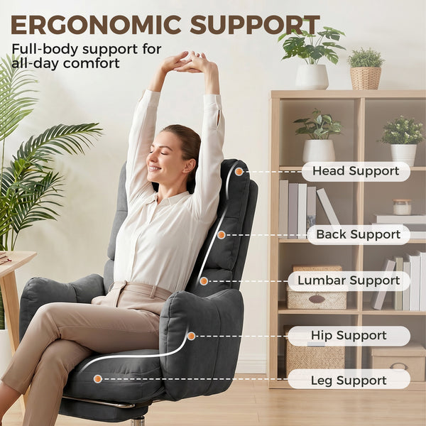 Office Chair with Foot Rest, Ergonomic Reclining Computer Gaming Chair w/ Snow Flannel Fabric, Thick Cushion, Dark Gray
