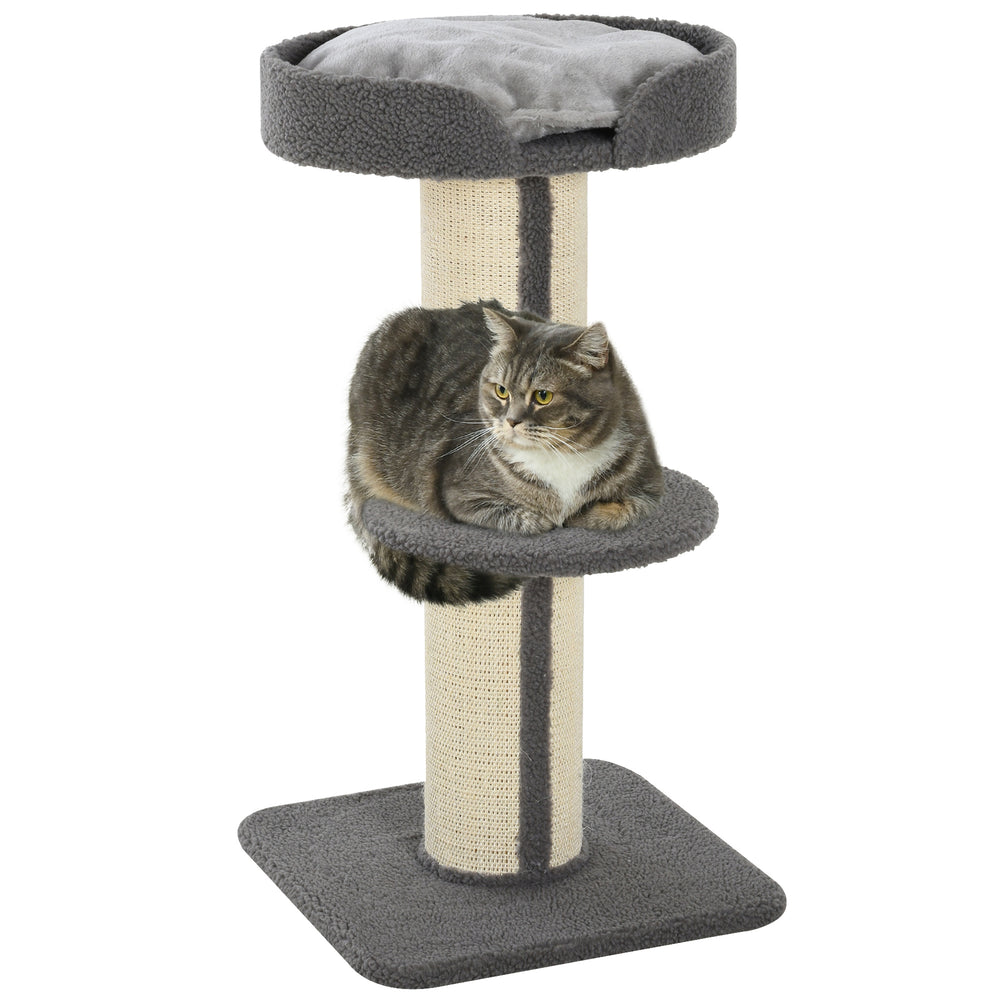 Arbre à chat avec tapis en sisal, griffoir, panier, coussin et perchoir, gris