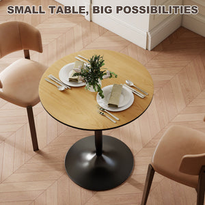 Table de cuisine ronde pour 2 personnes avec placage bois et piètement en acier, couleur naturelle.