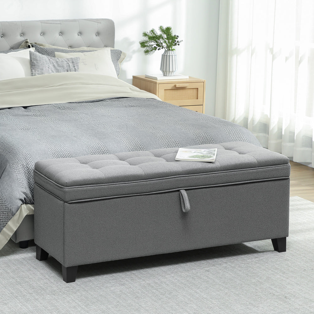Banc ottoman de rangement, repose-pieds avec charnières de sécurité, en lin, gris foncé