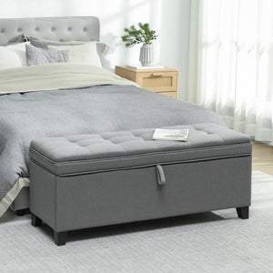 Banc ottoman de rangement, repose-pieds avec charnières de sécurité, en lin, gris foncé