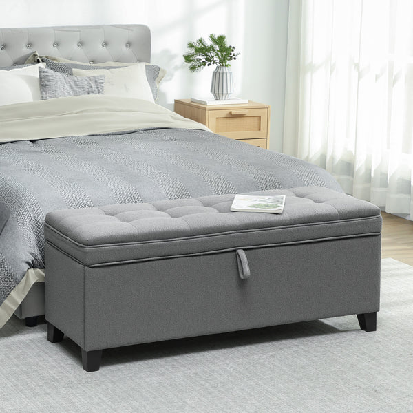 Banc ottoman de rangement, repose-pieds avec charnières de sécurité, en lin, gris foncé