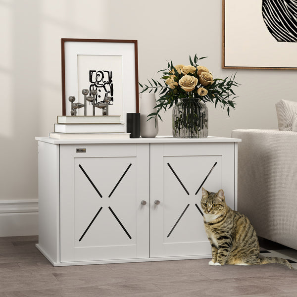 Concealed litter box cabinet with double doors, white