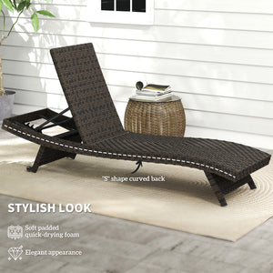 Chaise longue pliante d'extérieur en rotin inclinable avec dossier réglable sur 5 niveaux et roulettes, marron mélangé