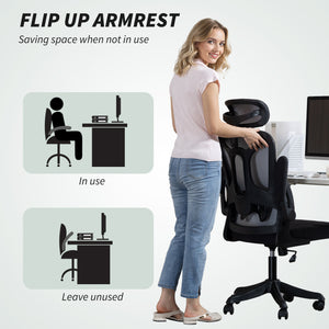 Ergonomic swivel office chair with lumbar support, adjustable headrest and height, flip-up armrests, black