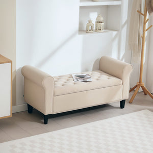 50 Inches Storage Ottoman, Upholstered Bedroom Bench with Rolled Arms and Button Tufted Storage, Beige