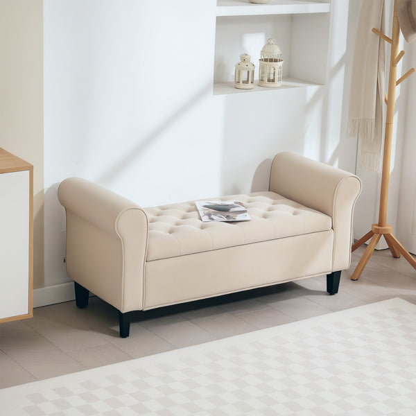 50 Inches Storage Ottoman, Upholstered Bedroom Bench with Rolled Arms and Button Tufted Storage, Beige