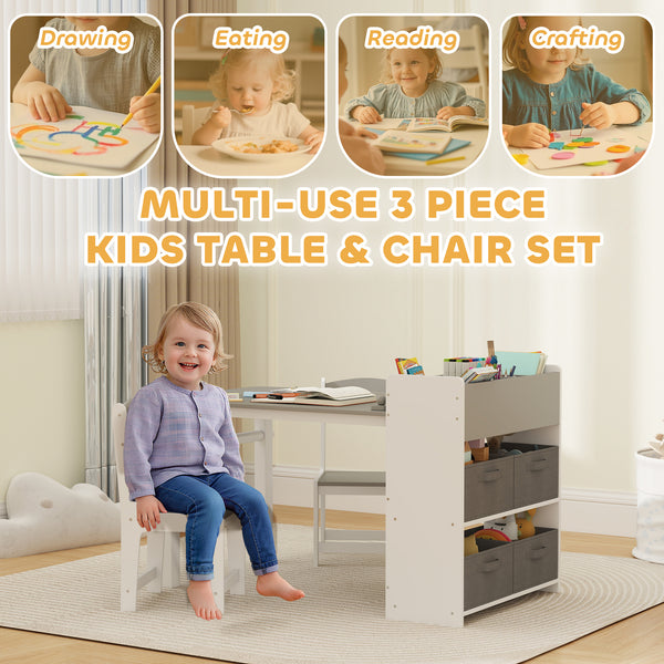 Ensemble table et chaises pour enfants avec étagères de rangement et tiroirs, gris