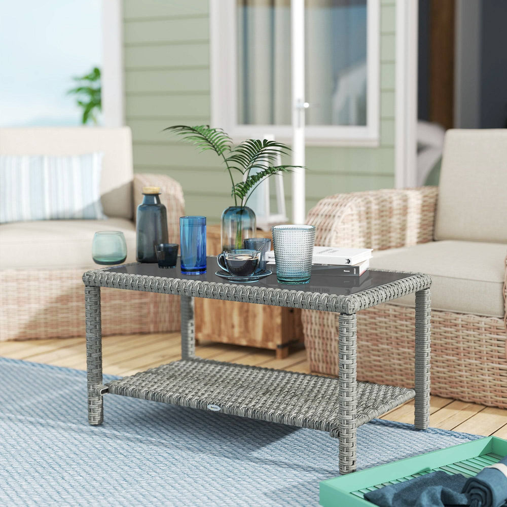 Table basse d'extérieur 35" en osier avec plateau en verre et étagère de rangement, gris foncé