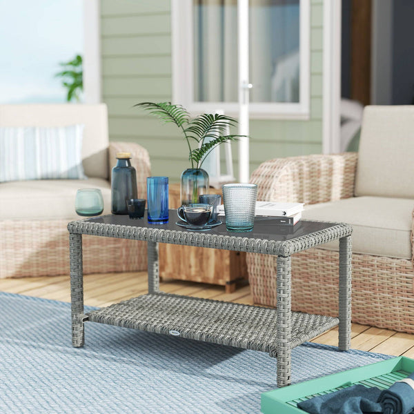 Table basse d'extérieur 35" en osier avec plateau en verre et étagère de rangement, gris foncé