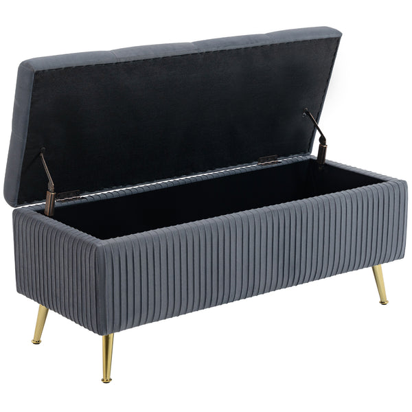 Banc coffre de rangement avec pieds en acier, assise rembourrée et repose-pieds, gris foncé