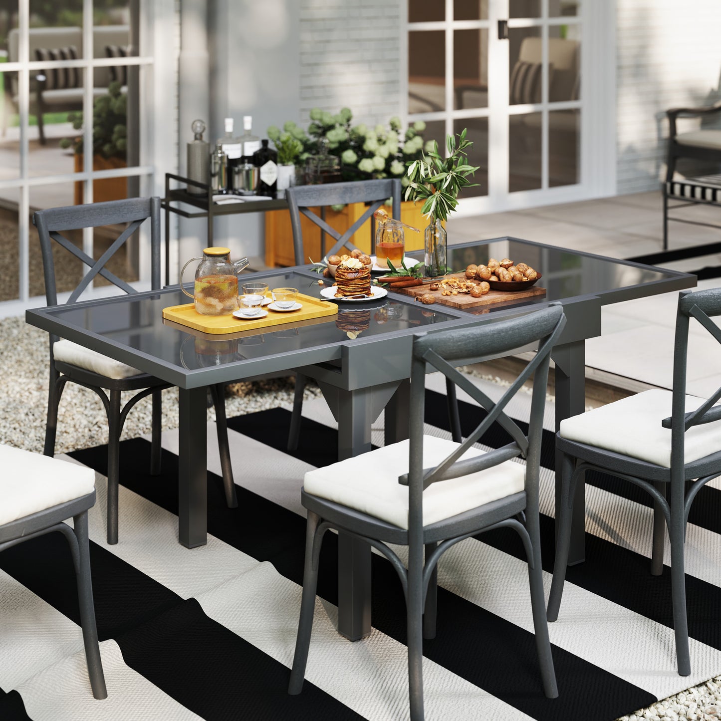Outsunny 89-180cm Extendable Outdoor Table with Tempered Glass Top and Metal Frame, Seats 4-6 People, for Lawn, Garden and Backyard.