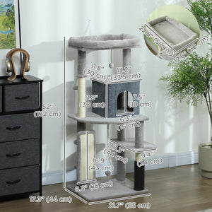 Arbre à chat de 132 cm avec griffoirs, panier, niche, brosse de toilettage, gris