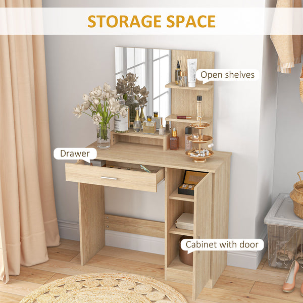 Coiffeuse avec miroir, tiroir et compartiment ouvert, bois naturel