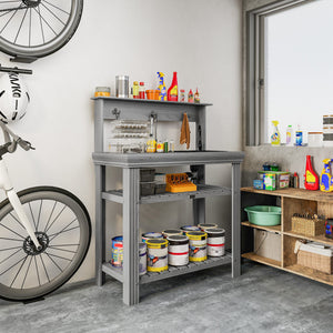 Table de rempotage d'extérieur avec robinet, évier amovible, crochets et étagères de rangement