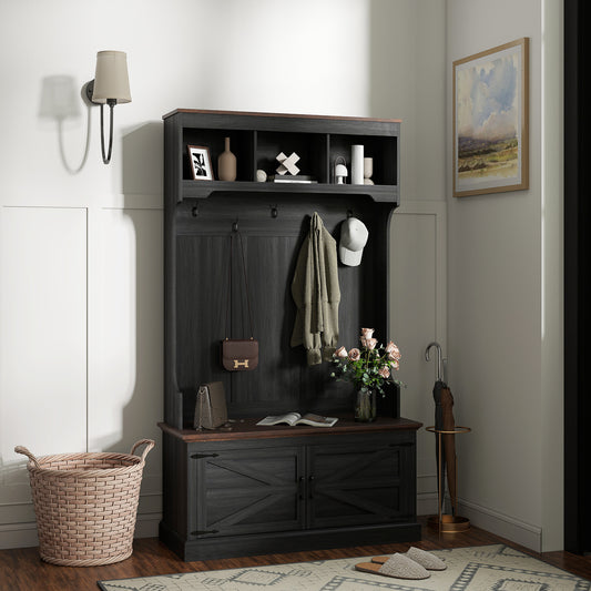 Meuble d'entrée 3 en 1 avec banc, porte-manteau et rangement pour chaussures, noir vieilli