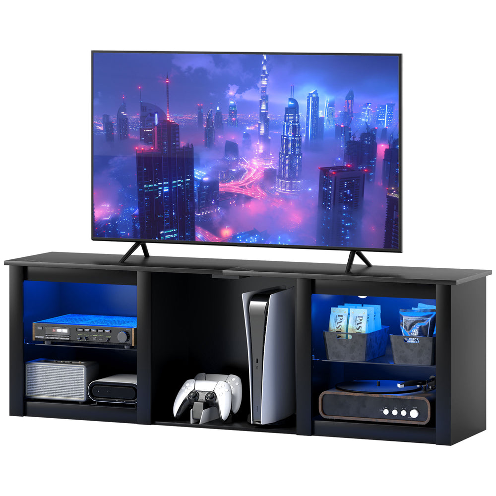 TV unit with LED lighting and adjustable glass shelves, for TVs up to 65 inches, black