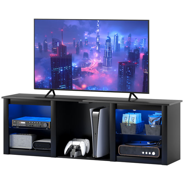 Meuble TV avec éclairage LED avec étagères en verre réglables, pour téléviseurs jusqu'à 65 pouces, noir