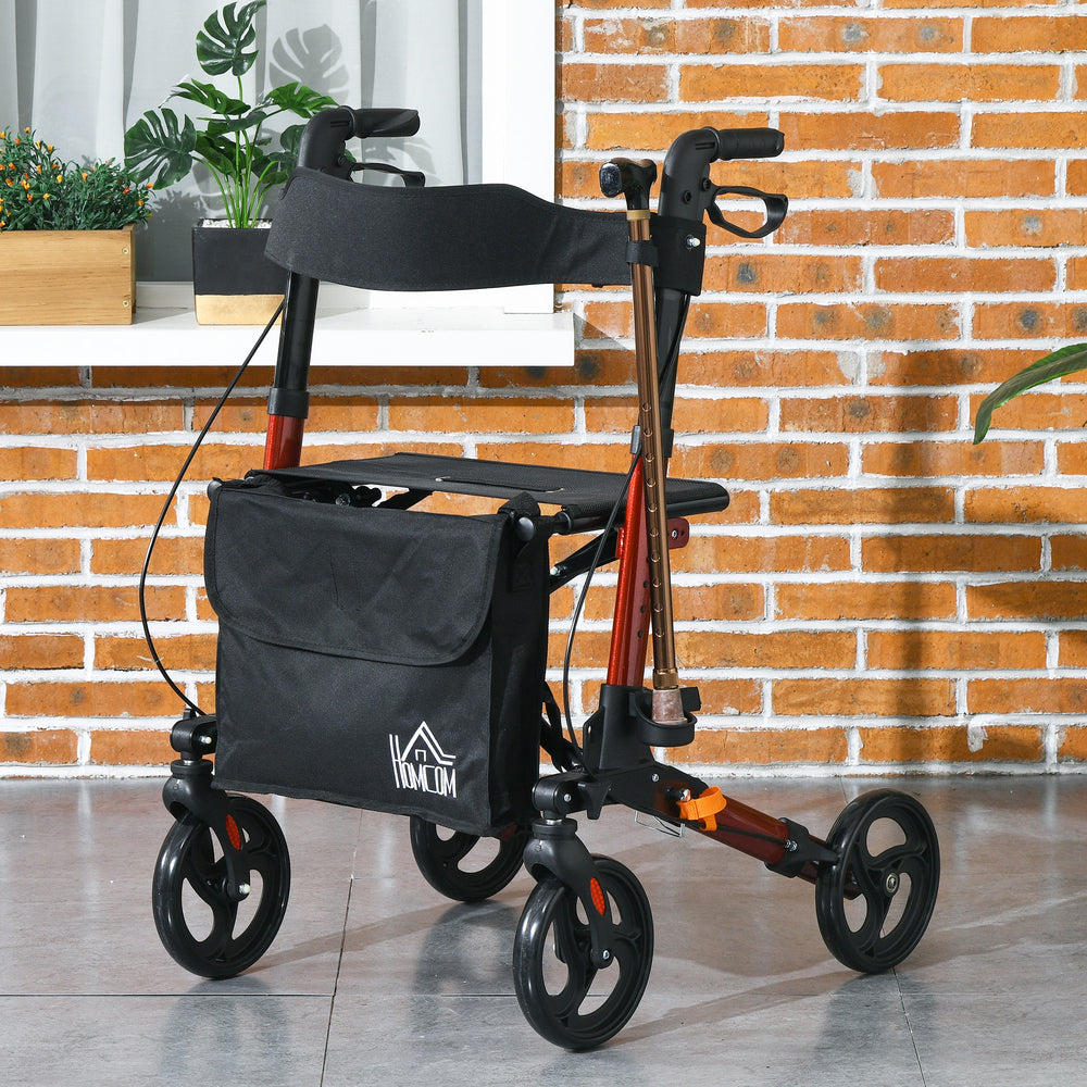 Senior walker with red seat and backrest