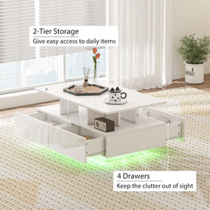 Table basse avec éclairage LED RVB avec 4 tiroirs, étagère ouverte, télécommande, blanc brillant