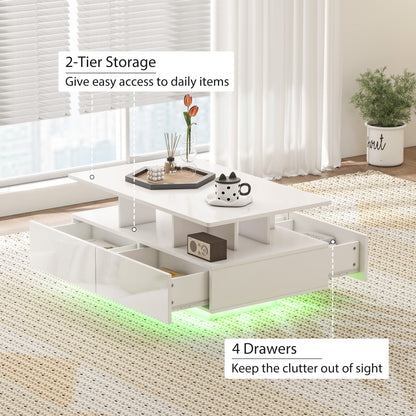 Table basse avec éclairage LED RVB avec 4 tiroirs, étagère ouverte, télécommande, blanc brillant