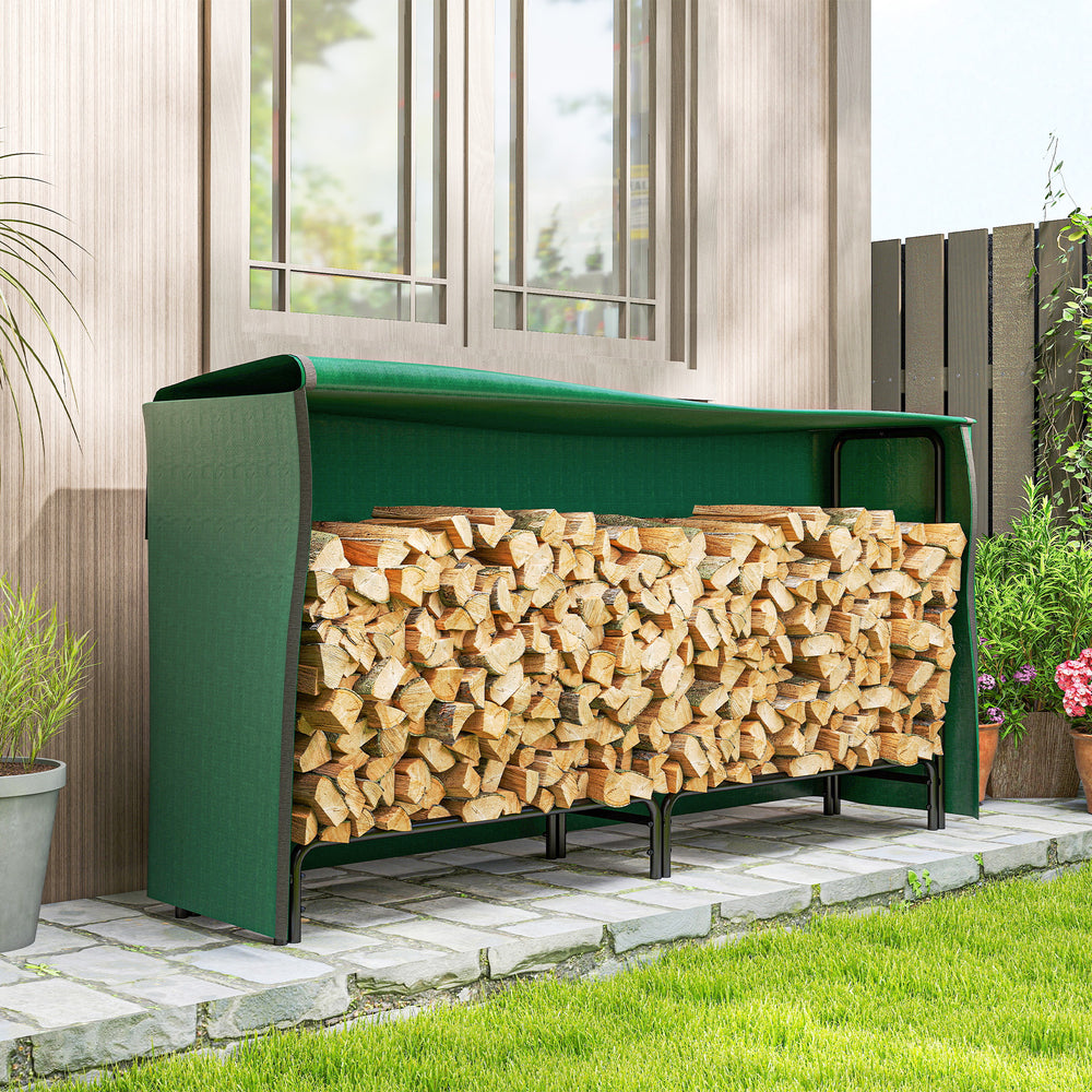 Adjustable firewood rack with waterproof cover and 440 lb capacity – Dark green and black