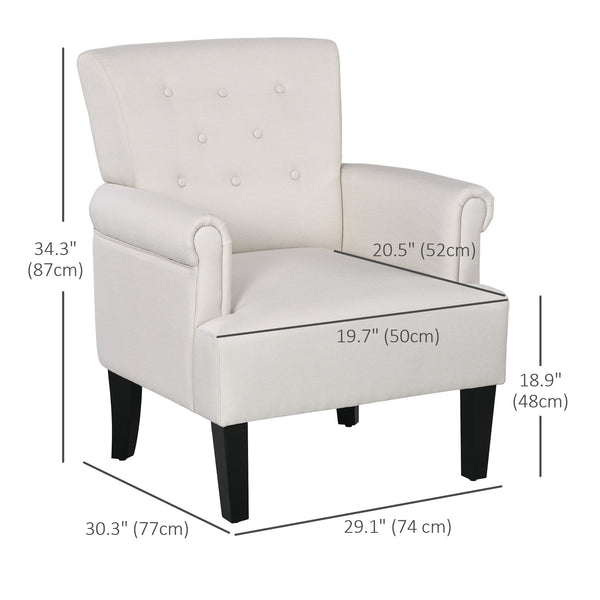 Fauteuil d'appoint en tissu avec pieds en bois et accoudoirs arrondis, blanc crème