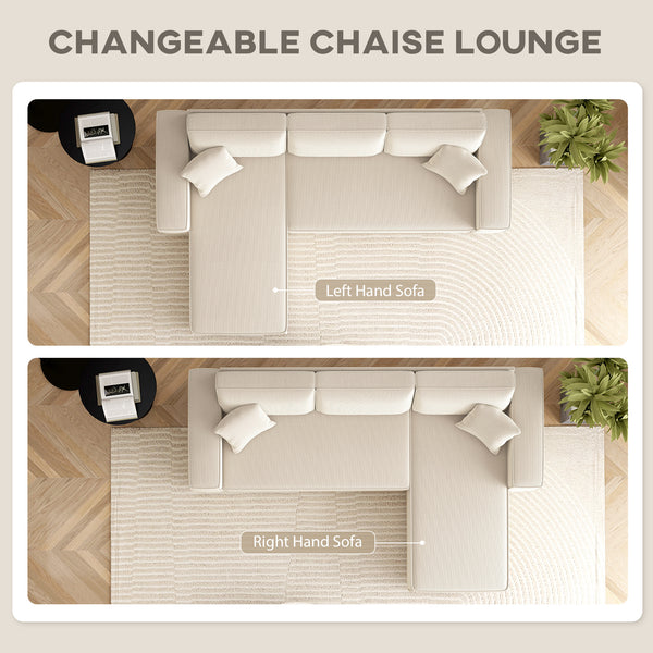 Canapé d'angle avec méridienne convertible, ressorts ensachés, 2 coussins, blanc crème