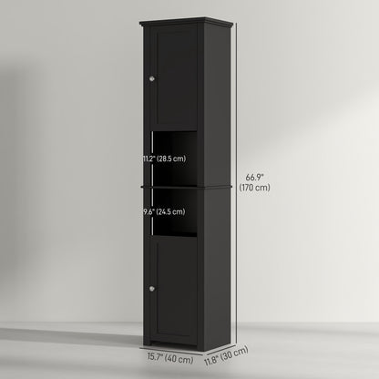 Freestanding bathroom storage unit with shelves and 2 cupboards, black