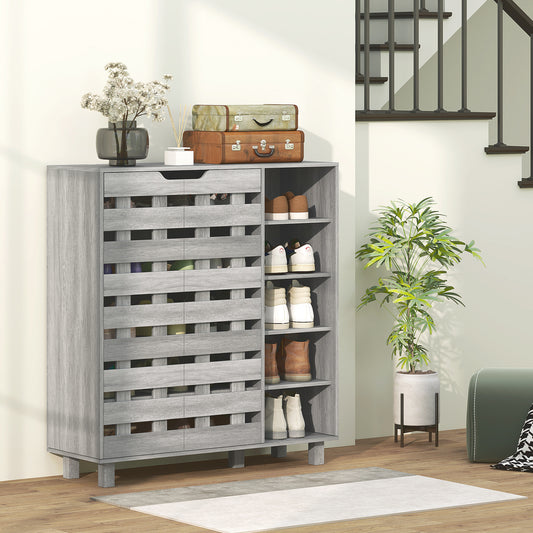 Meuble à chaussures pour 21 paires avec armoire à double porte à 5 niveaux, gris clair