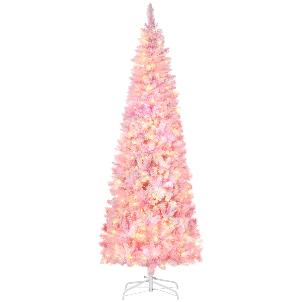 Sapin de Noël artificiel pré-éclairé de 7,5 pieds en forme de crayon rose et blanc