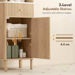 Armoire haute de salle de bain effet chêne avec 2 armoires, tiroir et tablette ouverte, Effet chêne