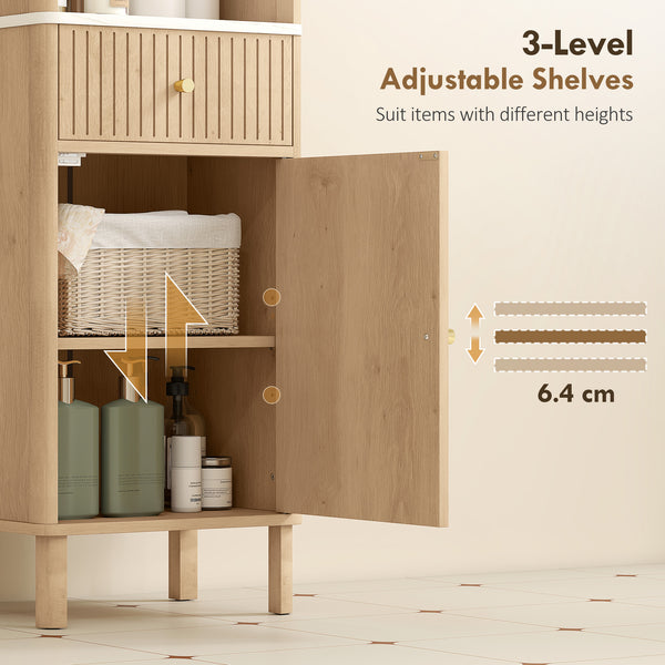 Armoire haute de salle de bain effet chêne avec 2 armoires, tiroir et tablette ouverte, Effet chêne