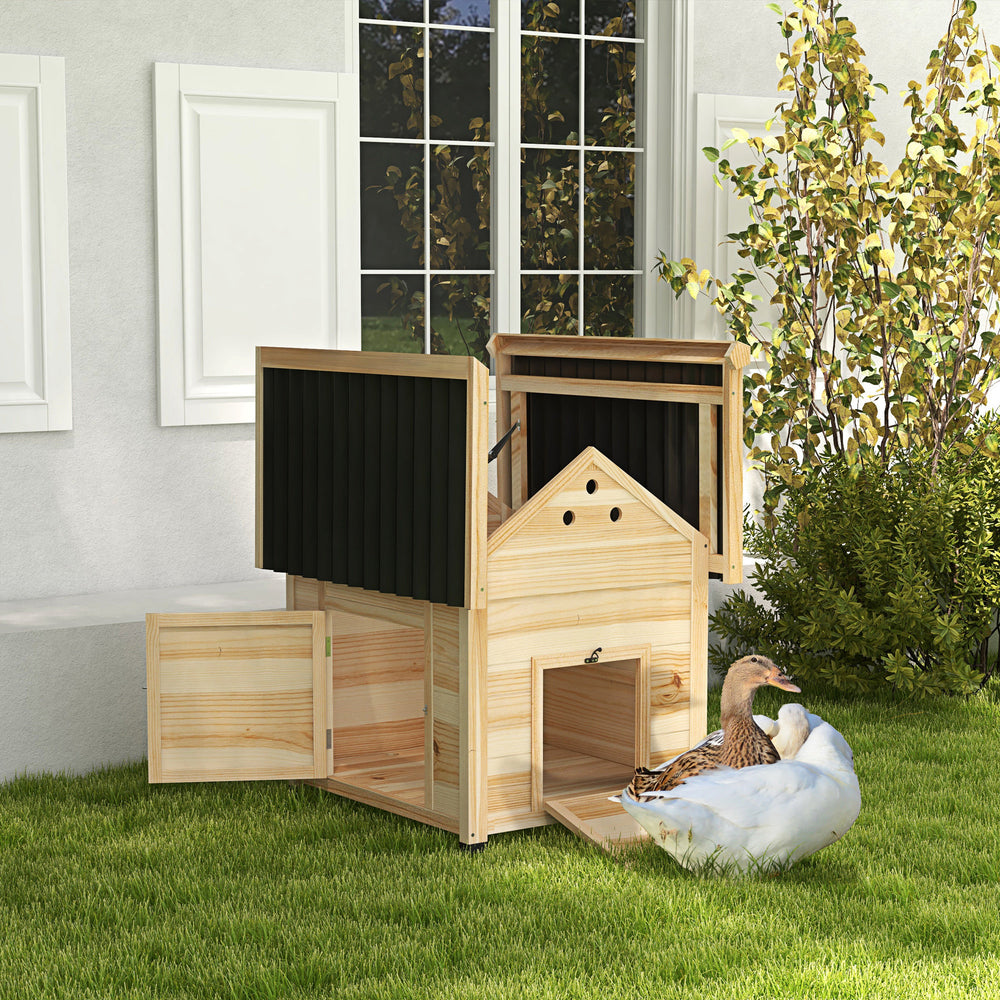 Wooden duck house with opening roof and double door