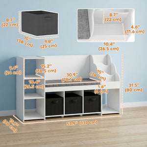 Étagère de rangement avec coin lecture avec coussin d'assise, 3 tiroirs en tissu, blanc