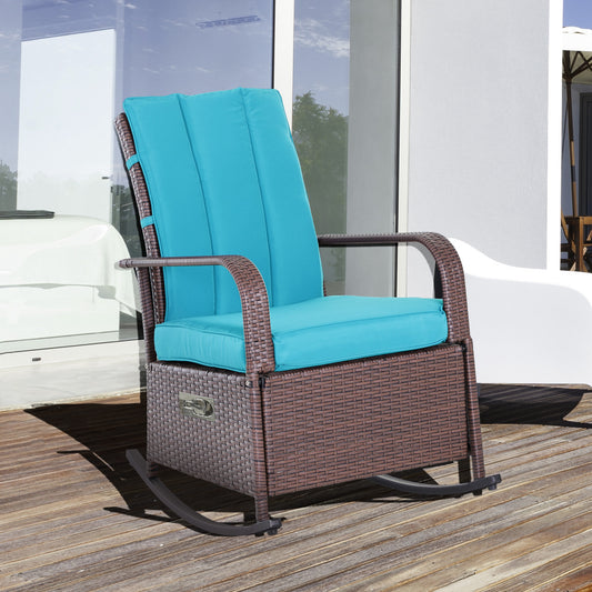 Fauteuil à bascule en rotin synthétique avec coussin, repose-pieds réglable et accoudoirs, turquoise