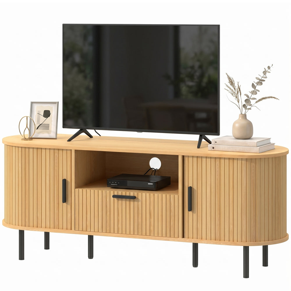 Meuble pour téléviseurs jusqu'à 60 pouces avec portes coulissantes incurvées et rangements, bois naturel