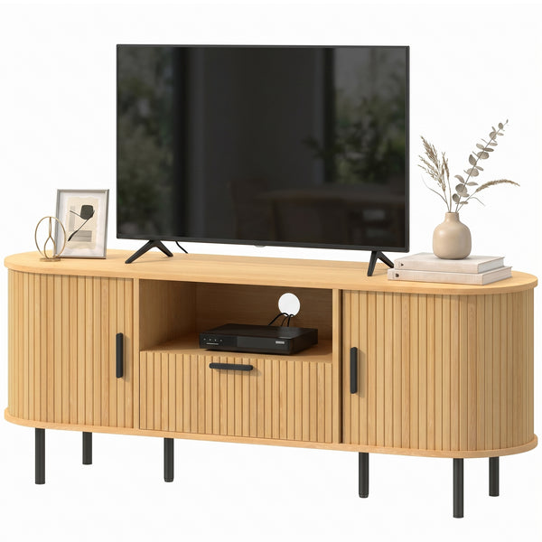 Meuble pour téléviseurs jusqu'à 60 pouces avec portes coulissantes incurvées et rangements, bois naturel