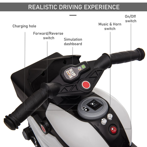 6V electric motorcycle with musical horn and headlights, white