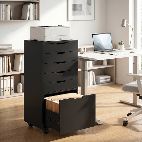 File Cabinet on Wheels Mobile Printer Stand with 6 Drawers for Home Office Black