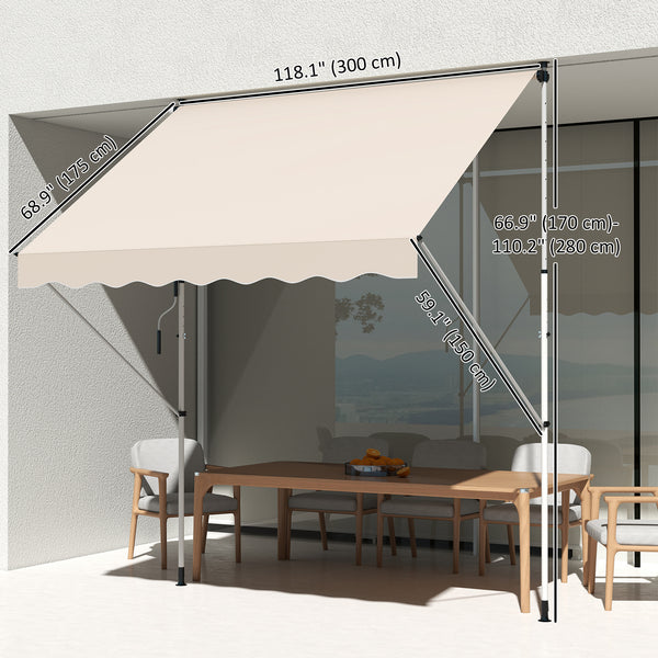 10x5ft Manual Retractable Awning, Patio Sun Shade Canopy Shelter with 5.6-9.2ft Support Pole, Water Resistant UV Protector, for Window, Door, Porch, Deck, Beige