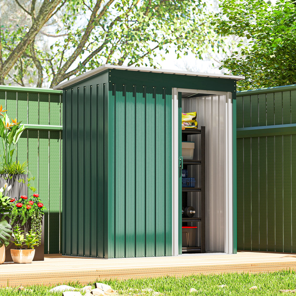 Garden shed with sliding door and sloping roof, steel frame, green