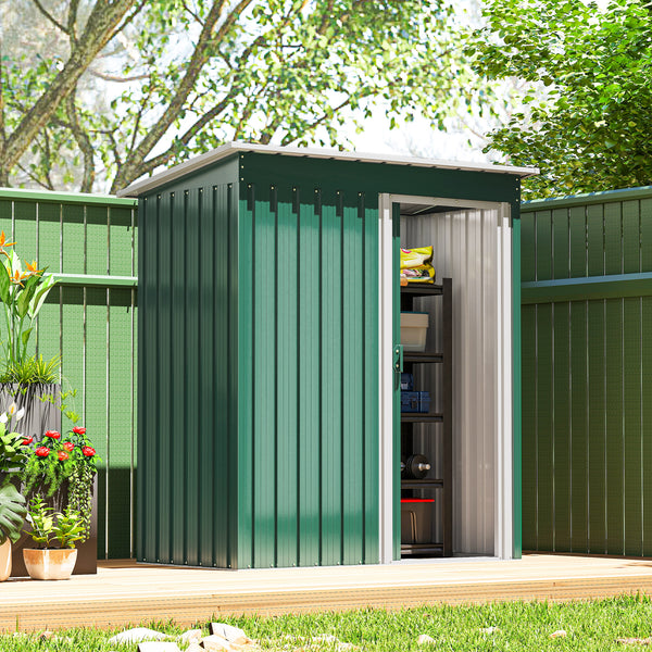Abri de jardin avec porte coulissante et toit incliné, structure en acier, vert